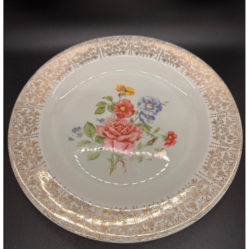 Rosetta Floral Plates, Set of 13• 7 Dinner + 6 Salad • Vintage Gold Rim & Blooms